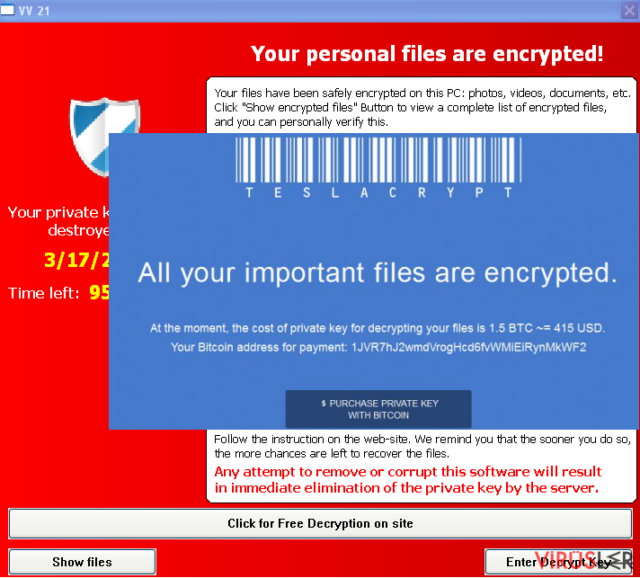 Warning messages that are caused by TeslaCrypt ransomware